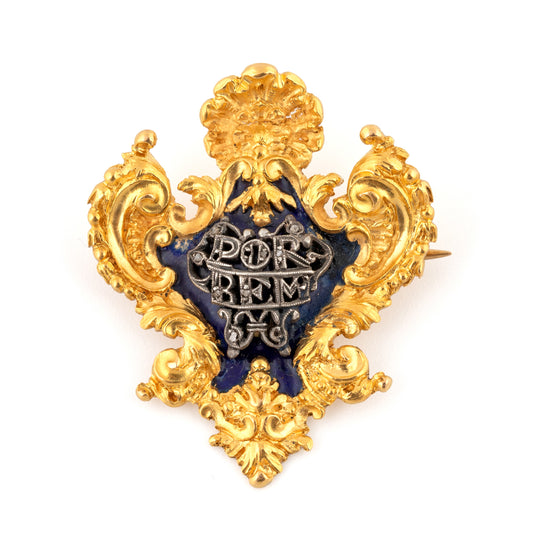 Alfinete em ouro e esmalte azul, "Por Bem"
